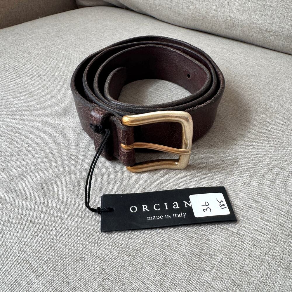 Orciani Winter Italian Leather Crackle Texture Brown Brass Buckle Belt 100 NEW